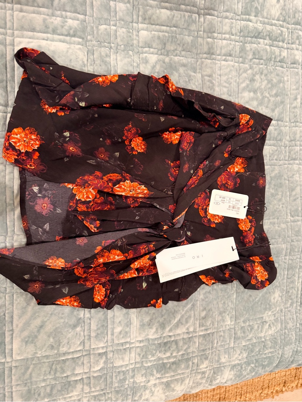 Iro BNWT Black Floral Wrap Skirt with Orange Red Blooms - FR34 / US 2